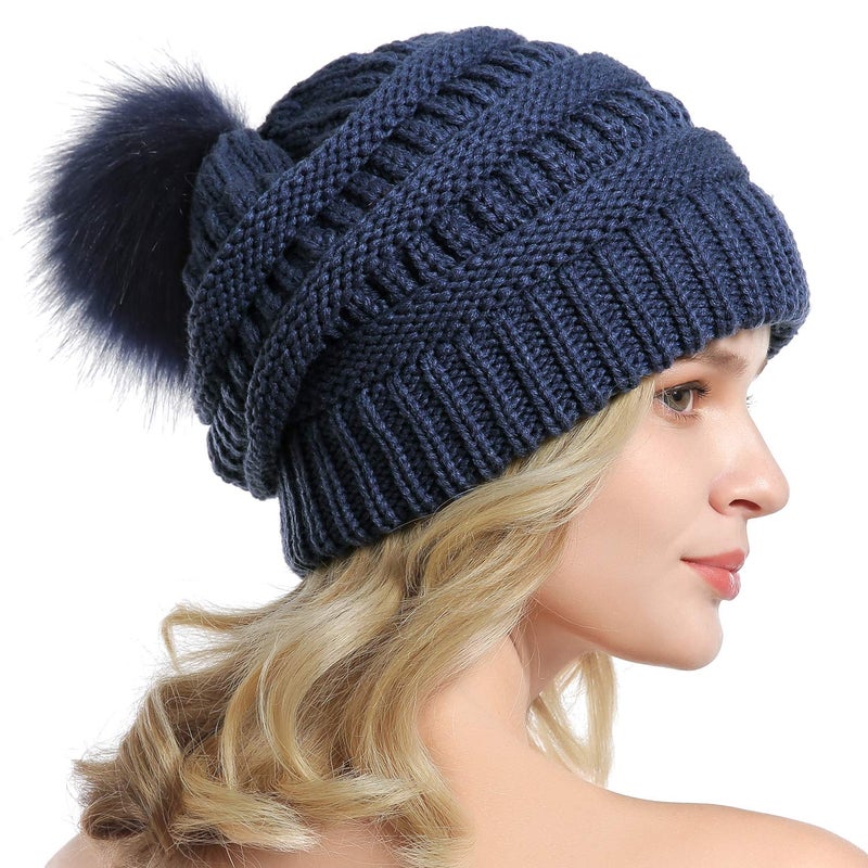 QUEENFUR Women Knit Slouchy Beanie Chunky Baggy Hat with Faux Fur Pompom Winter Soft Warm Ski Cap - Image 4